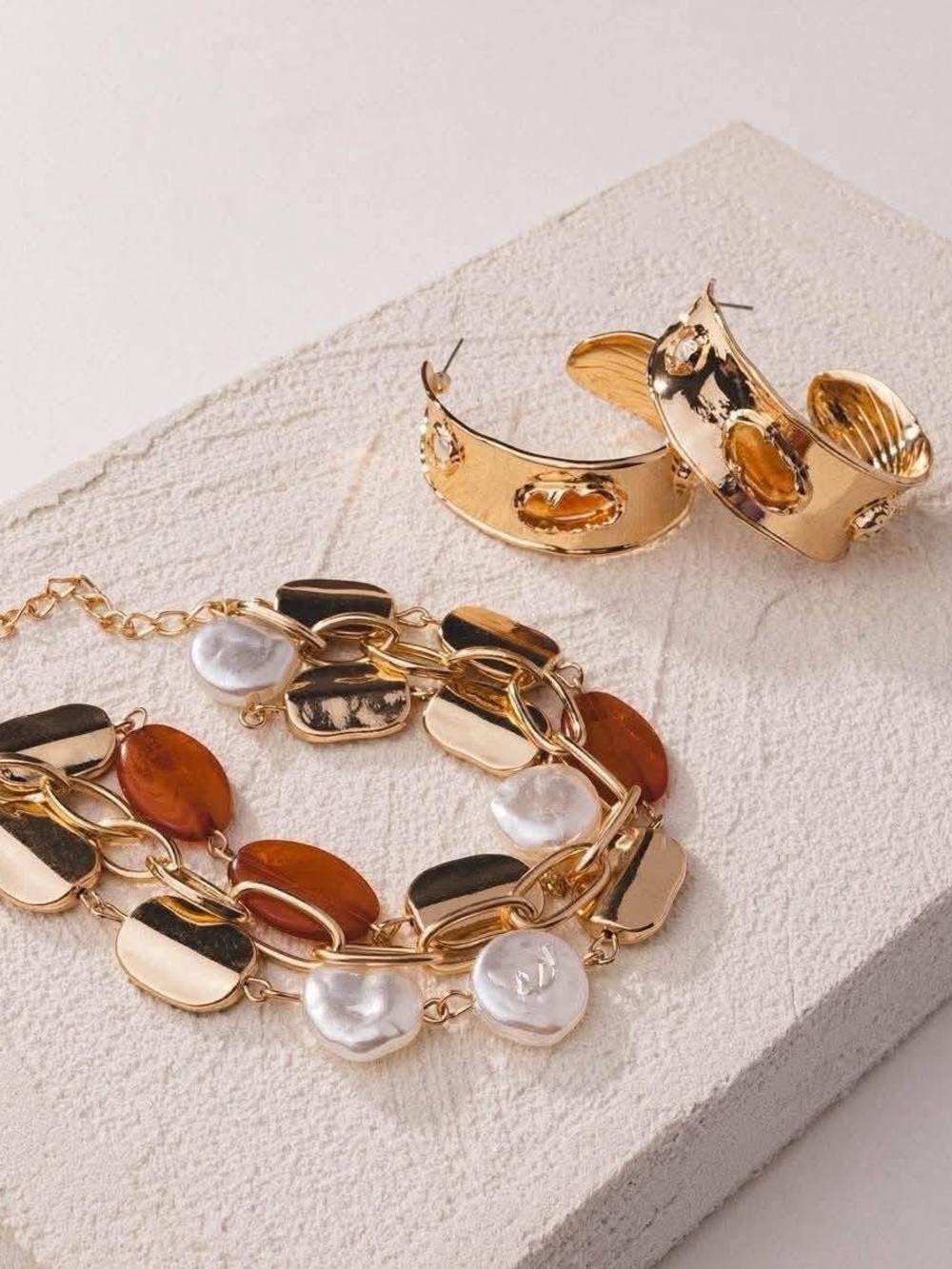 Gold, Pearl & Amber Multi-Element Bracelet and Hoop Earring Set